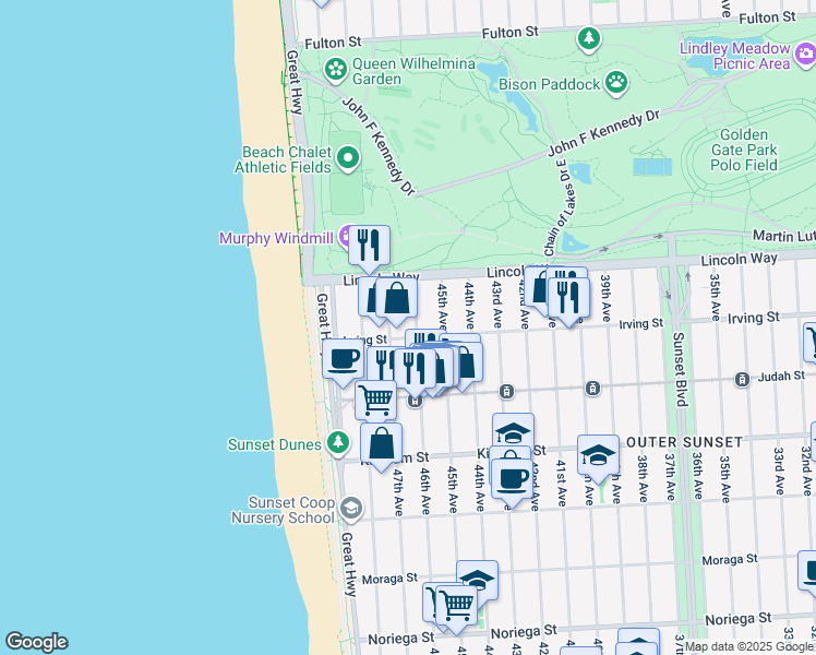 map of restaurants, bars, coffee shops, grocery stores, and more near 4508 Irving Street in San Francisco