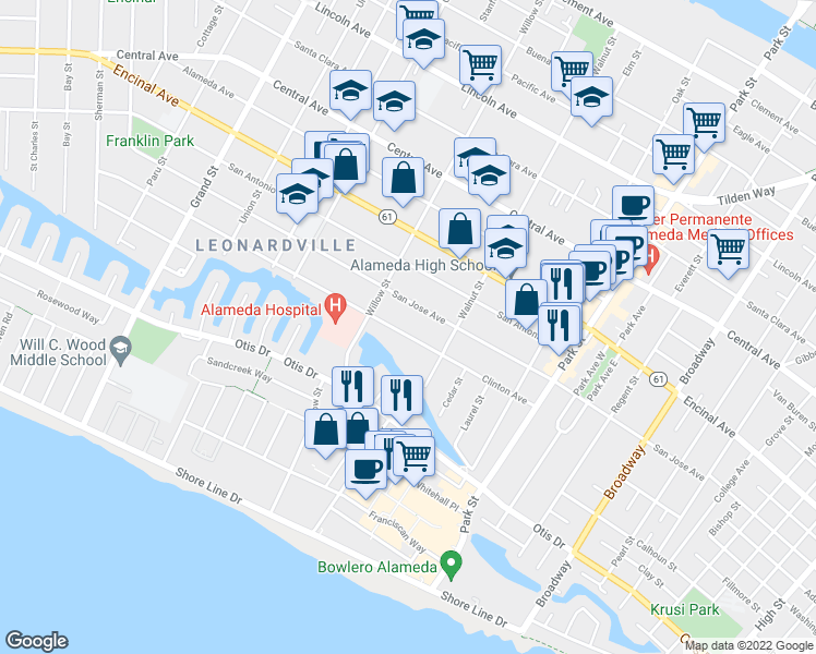 map of restaurants, bars, coffee shops, grocery stores, and more near 2133a Clinton Avenue in Alameda