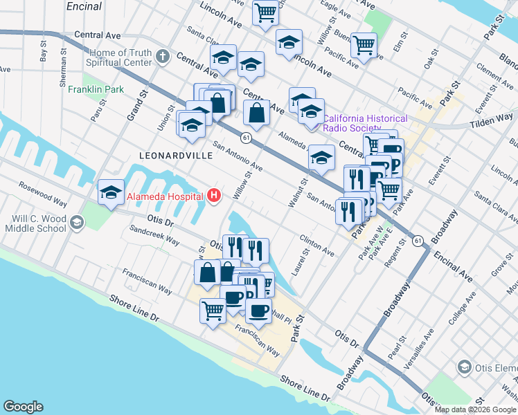 map of restaurants, bars, coffee shops, grocery stores, and more near 2133 Clinton Avenue in Alameda