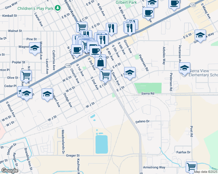 map of restaurants, bars, coffee shops, grocery stores, and more near 424 South Yosemite Avenue in Oakdale