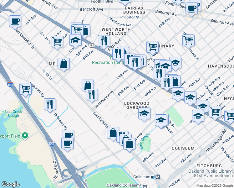 map of restaurants, bars, coffee shops, grocery stores, and more near 1207 60th Avenue in Oakland
