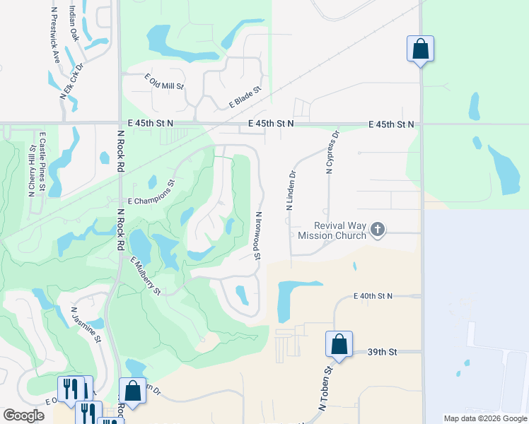 map of restaurants, bars, coffee shops, grocery stores, and more near 4322 North Ironwood Street in Wichita