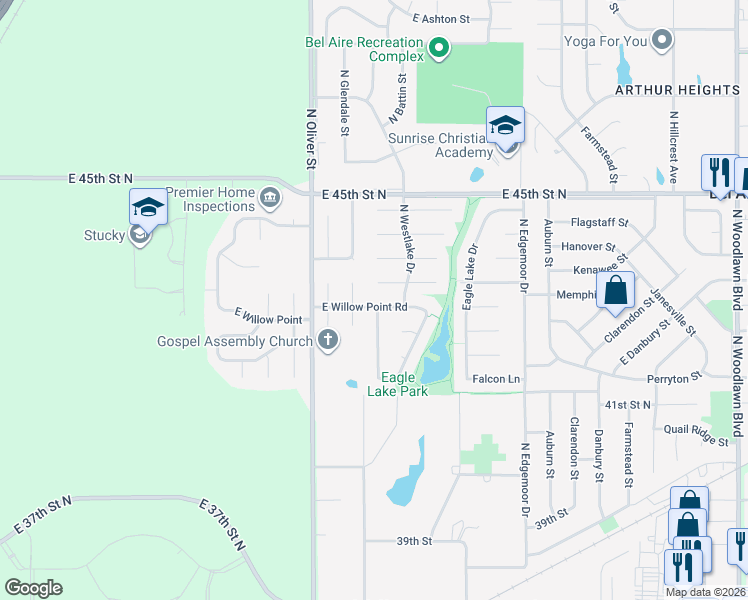 map of restaurants, bars, coffee shops, grocery stores, and more near 5018 East Willow Point Road in Bel Aire