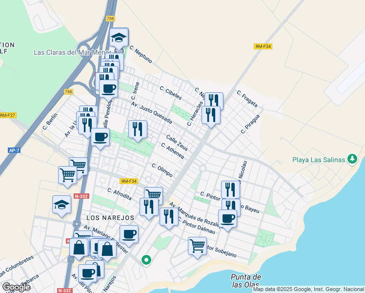 map of restaurants, bars, coffee shops, grocery stores, and more near 77 Calle Zeus in Los Alcázares