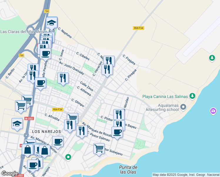 map of restaurants, bars, coffee shops, grocery stores, and more near 132 Avenida Radio Baliza Oscar in Los Alcázares