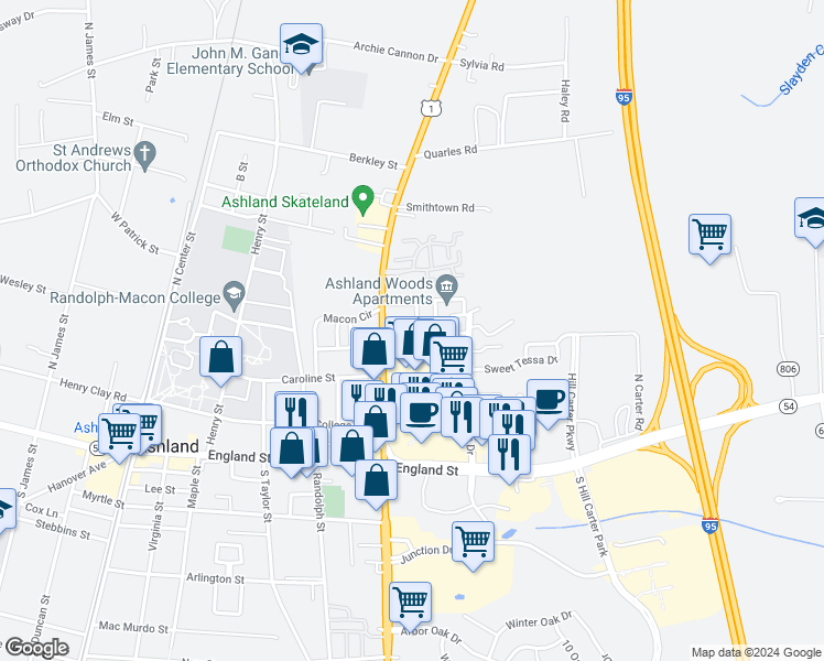 map of restaurants, bars, coffee shops, grocery stores, and more near 1100 Omni Road in Ashland