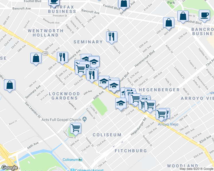 map of restaurants, bars, coffee shops, grocery stores, and more near 1424 66th Avenue in Oakland
