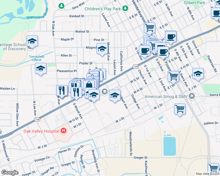 map of restaurants, bars, coffee shops, grocery stores, and more near 706 West G Street in Oakdale