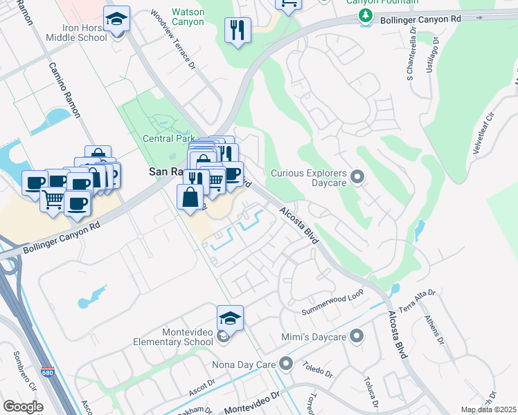 map of restaurants, bars, coffee shops, grocery stores, and more near 135 Reflections Drive in San Ramon