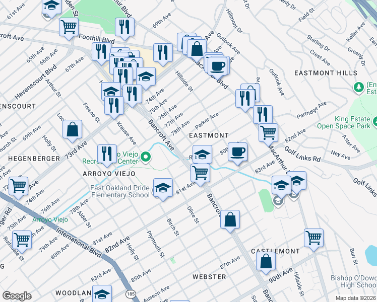 map of restaurants, bars, coffee shops, grocery stores, and more near 2522 79th Avenue in Oakland