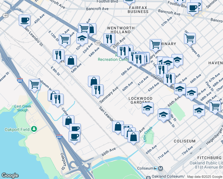 map of restaurants, bars, coffee shops, grocery stores, and more near 1161 Seminary Avenue in Oakland