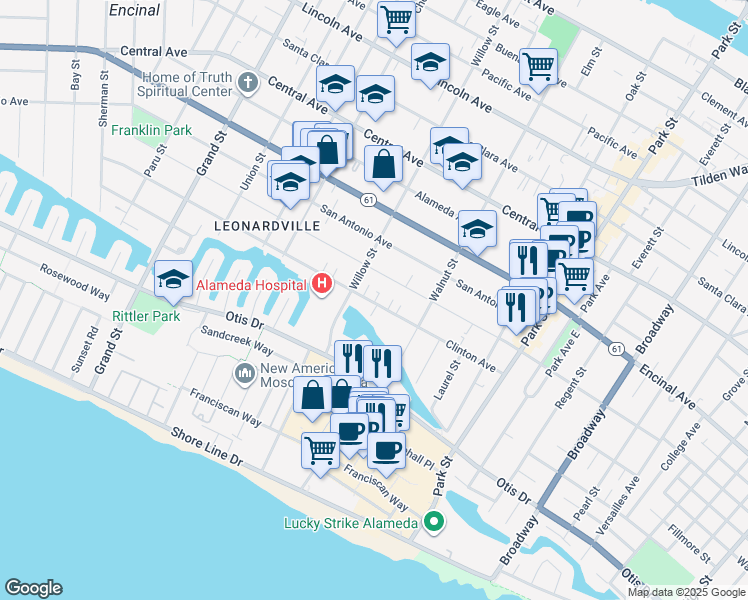 map of restaurants, bars, coffee shops, grocery stores, and more near 2133a Clinton Avenue in Alameda