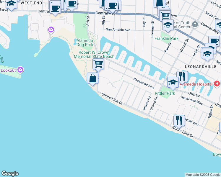 map of restaurants, bars, coffee shops, grocery stores, and more near 960 Shorepoint Court in Alameda