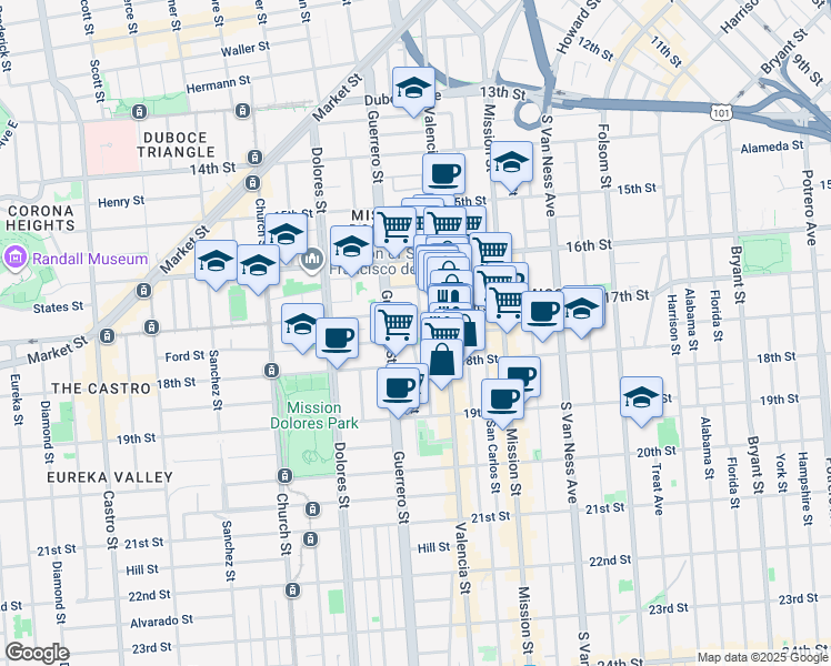 map of restaurants, bars, coffee shops, grocery stores, and more near 16 Bird Street in San Francisco