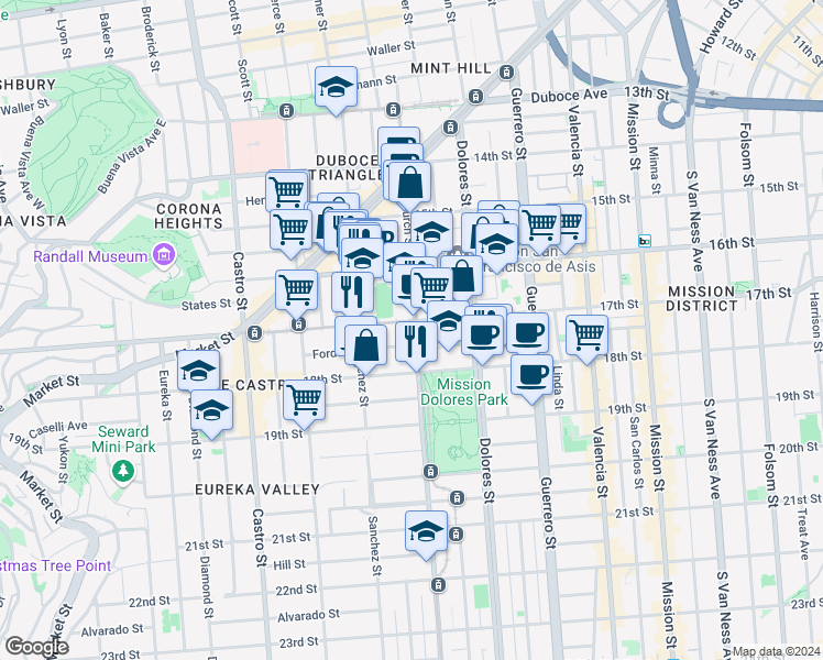 map of restaurants, bars, coffee shops, grocery stores, and more near 3675a 17th Street in San Francisco