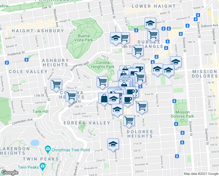 map of restaurants, bars, coffee shops, grocery stores, and more near 4106 17th Street in San Francisco