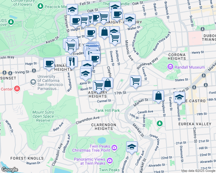 map of restaurants, bars, coffee shops, grocery stores, and more near 557 Belvedere Street in San Francisco