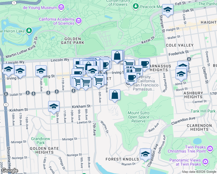 map of restaurants, bars, coffee shops, grocery stores, and more near 740 Parnassus Avenue in San Francisco