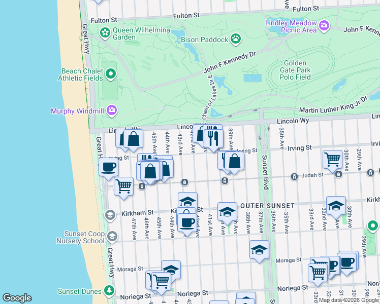 map of restaurants, bars, coffee shops, grocery stores, and more near 4100 Irving Street in San Francisco