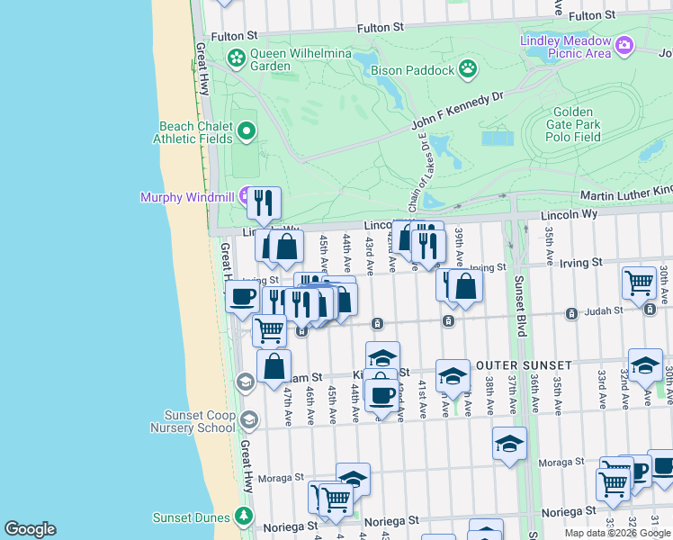 map of restaurants, bars, coffee shops, grocery stores, and more near 1290 45th Avenue in San Francisco