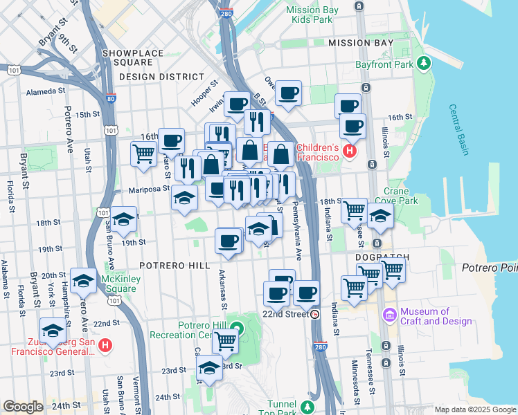 map of restaurants, bars, coffee shops, grocery stores, and more near 1305 18th Street in San Francisco