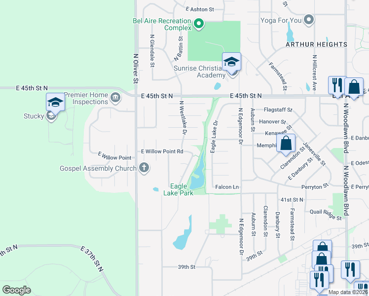 map of restaurants, bars, coffee shops, grocery stores, and more near 5116 East Willow Point Road in Bel Aire