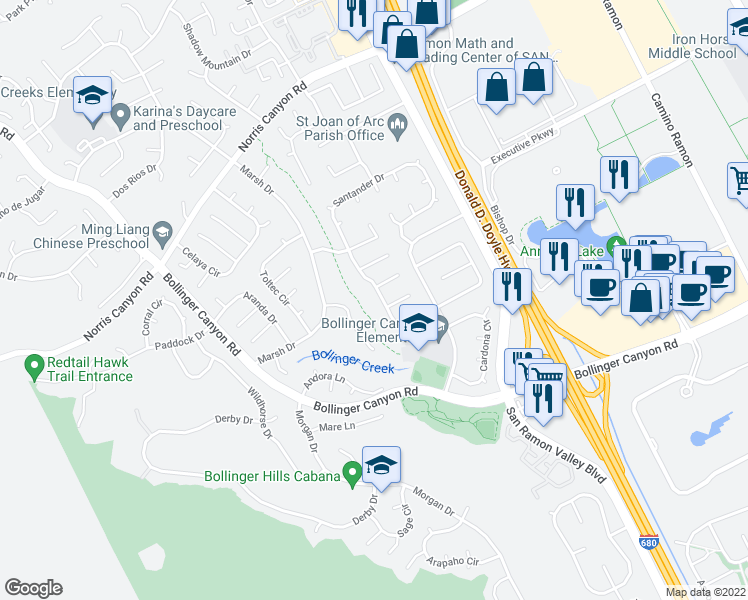 map of restaurants, bars, coffee shops, grocery stores, and more near 444 Santander Drive in San Ramon