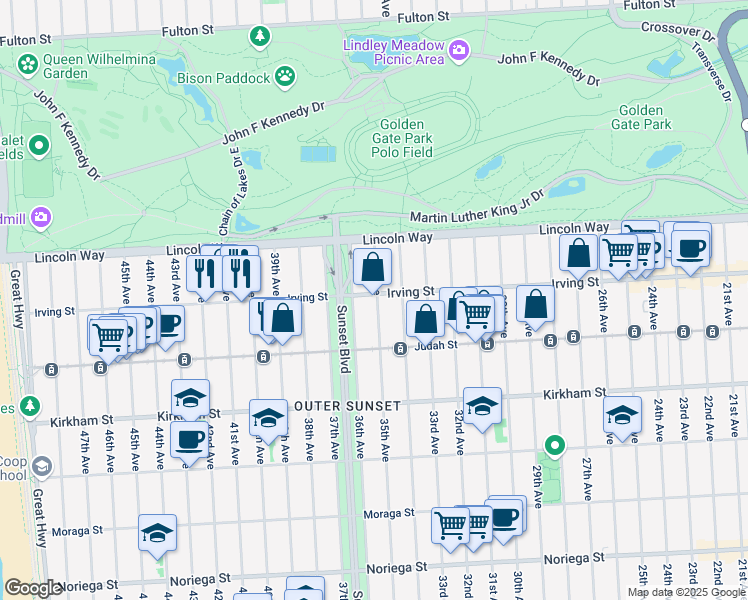 map of restaurants, bars, coffee shops, grocery stores, and more near 3401 Irving Street in San Francisco