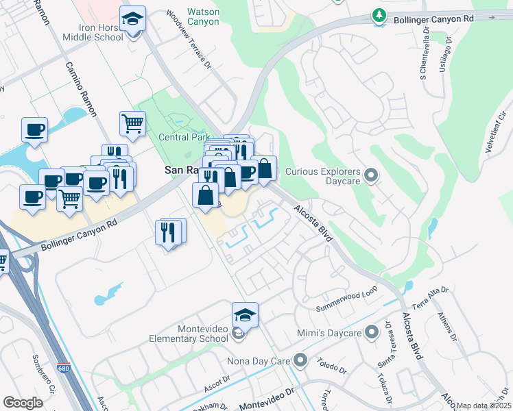 map of restaurants, bars, coffee shops, grocery stores, and more near 120 Reflections Drive in San Ramon