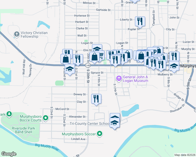 map of restaurants, bars, coffee shops, grocery stores, and more near 1904 Edith Street in Murphysboro