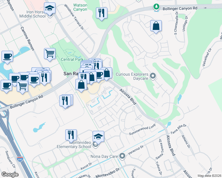 map of restaurants, bars, coffee shops, grocery stores, and more near in San Ramon