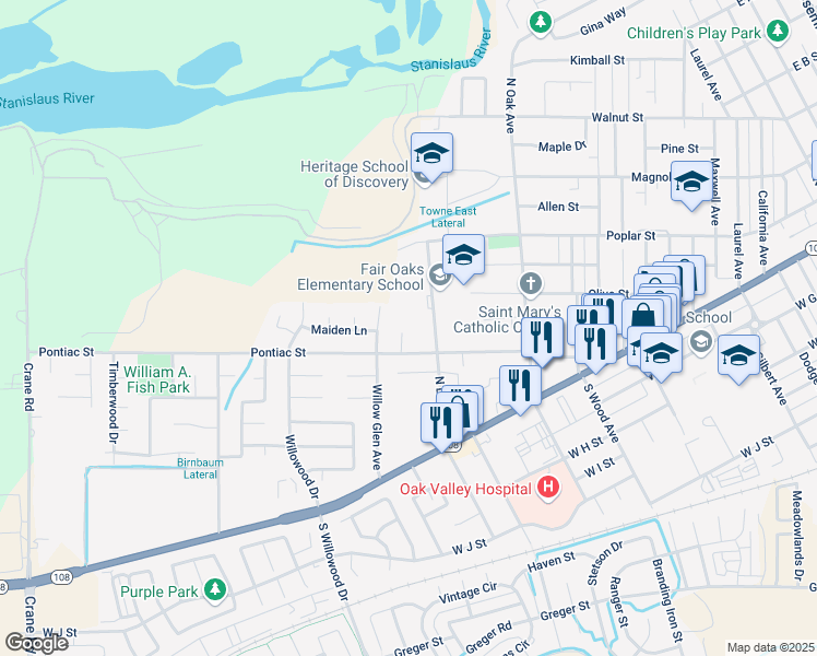 map of restaurants, bars, coffee shops, grocery stores, and more near 79 Lezlie Court in Oakdale