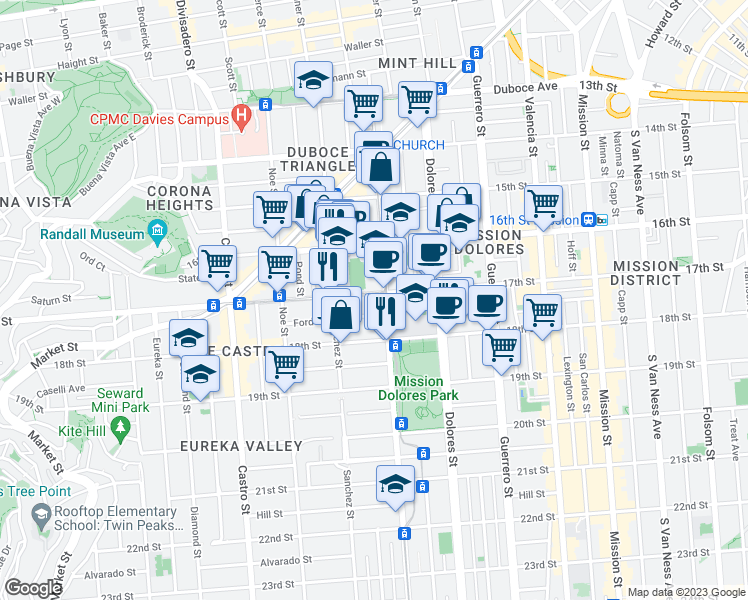 map of restaurants, bars, coffee shops, grocery stores, and more near 3675a 17th Street in San Francisco