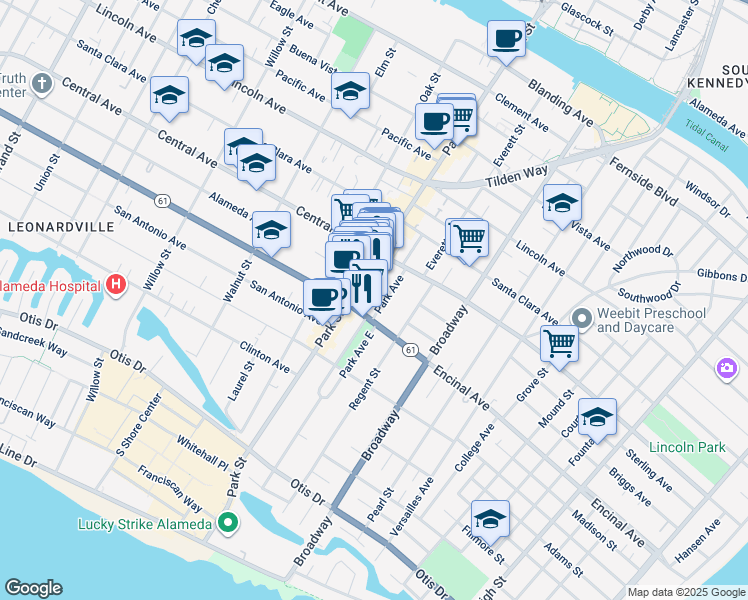 map of restaurants, bars, coffee shops, grocery stores, and more near 2417 Marti Rae Court in Alameda