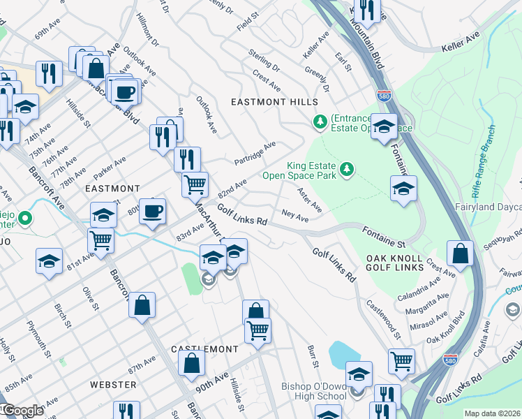 map of restaurants, bars, coffee shops, grocery stores, and more near 8359 Ney Avenue in Oakland