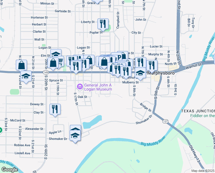 map of restaurants, bars, coffee shops, grocery stores, and more near 213 South 13th Street in Murphysboro