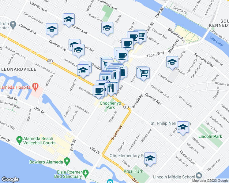 map of restaurants, bars, coffee shops, grocery stores, and more near 2417 Marti Rae Court in Alameda