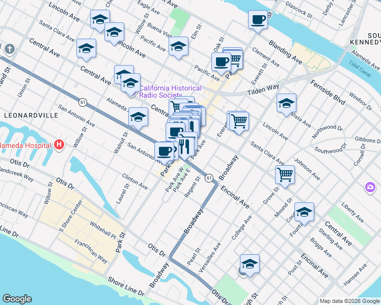 map of restaurants, bars, coffee shops, grocery stores, and more near 1318 Park Avenue in Alameda