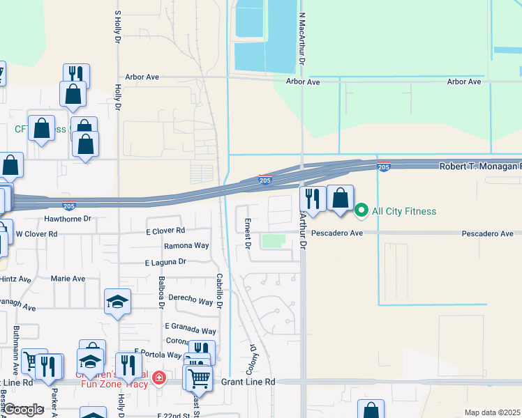 map of restaurants, bars, coffee shops, grocery stores, and more near 498 Toni Court in Tracy