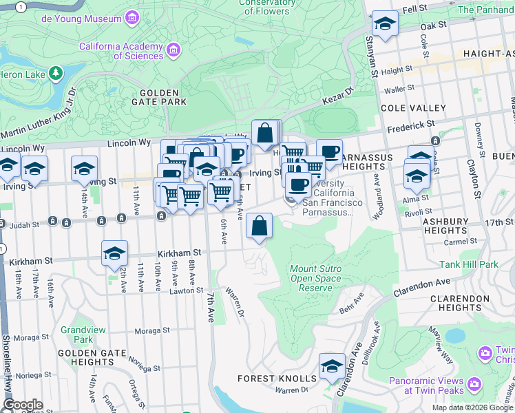 map of restaurants, bars, coffee shops, grocery stores, and more near 4th Ave & Parnassus Ave in San Francisco