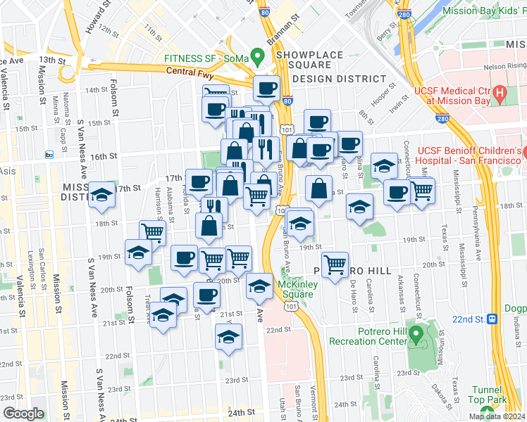 map of restaurants, bars, coffee shops, grocery stores, and more near 528 Utah Street in San Francisco
