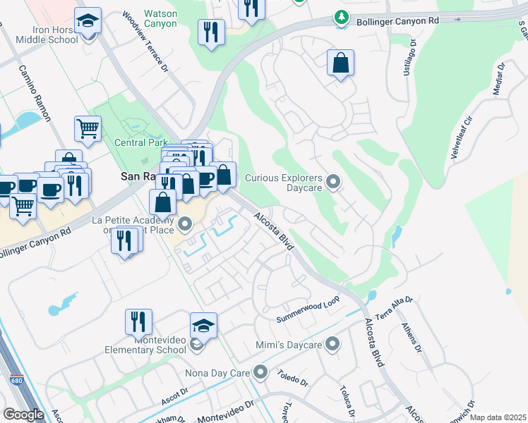 map of restaurants, bars, coffee shops, grocery stores, and more near 320 Canyon Woods Place in San Ramon