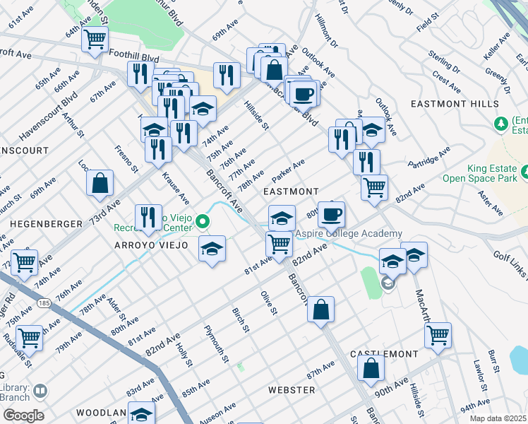 map of restaurants, bars, coffee shops, grocery stores, and more near 2522 79th Avenue in Oakland