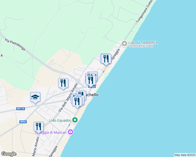 map of restaurants, bars, coffee shops, grocery stores, and more near 68 Via Spiaggia Sant'Anna in Mascali