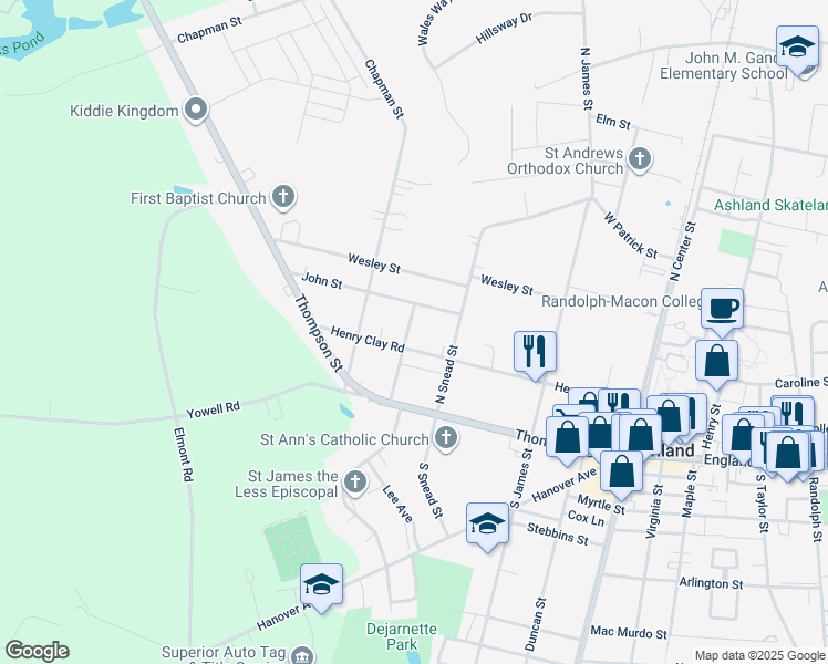 map of restaurants, bars, coffee shops, grocery stores, and more near 203 Dewey Street in Ashland