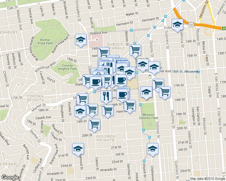 map of restaurants, bars, coffee shops, grocery stores, and more near 17th St & Pond St in San Francisco