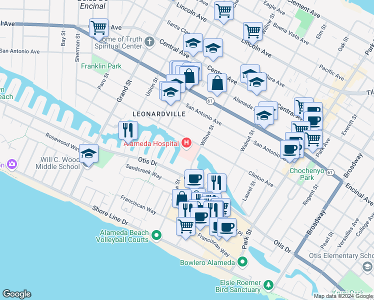 map of restaurants, bars, coffee shops, grocery stores, and more near 2070 Clinton Avenue in Alameda
