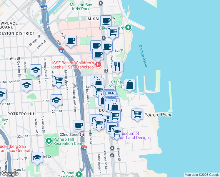 map of restaurants, bars, coffee shops, grocery stores, and more near 2121 3rd Street in San Francisco