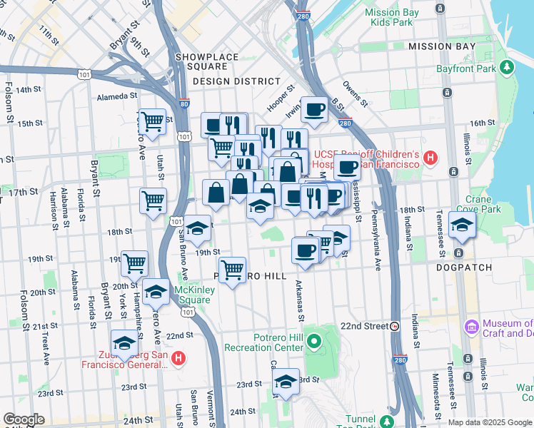 map of restaurants, bars, coffee shops, grocery stores, and more near 1766A 18th Street in San Francisco