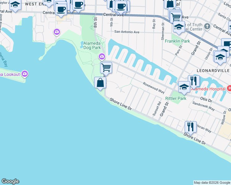 map of restaurants, bars, coffee shops, grocery stores, and more near 950 Shorepoint Court in Alameda